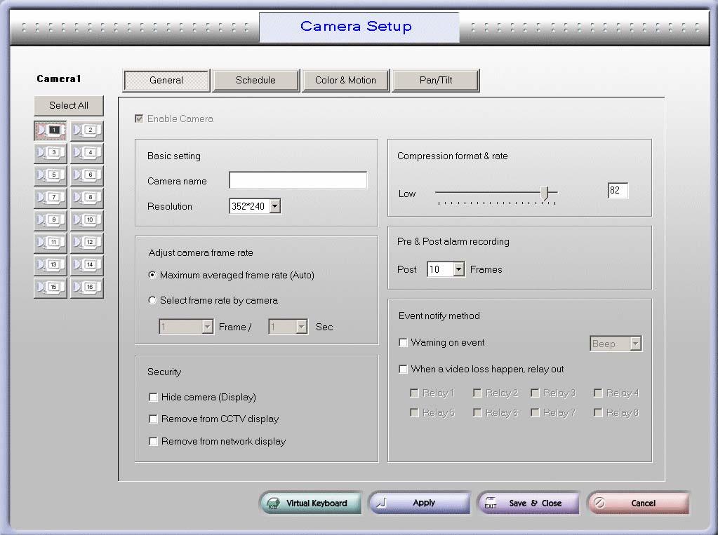3-3: Camera Select All: Clicking this button applies the settings from the selected camera (in the above picture, camera #1) to all of the other cameras.