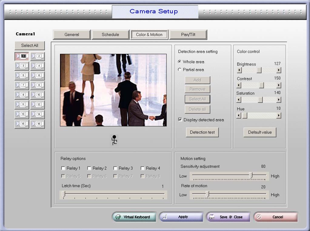 3-3-3: Color & Motion Tab From this menu, you can control the image s color, make more detailed configurations for recording by motion detection, etc.