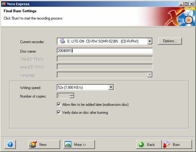 When you are finished adding files to the CD, click Finished. Click Next to go to the Final Burn Settings screen.