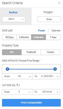 A Search Criteria tool bar will appear for you to set the parameters to find the comparable sales in the area of interest.
