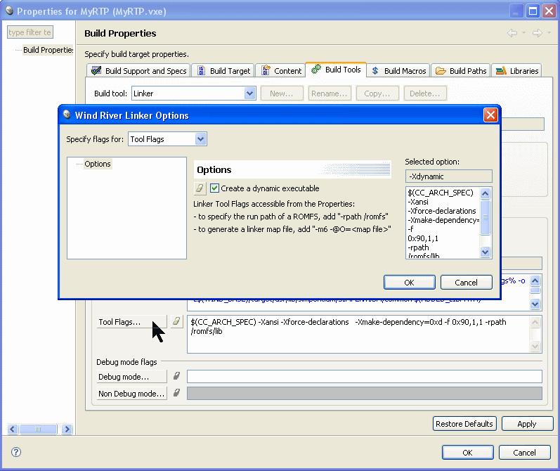 Wind River Workbench User s Guide, 3.0 (VxWorks Version) Figure 17-4 Build Options for Dynamic Executables 4. In the Linker Options dialog that appears, select Create a dynamic executable.
