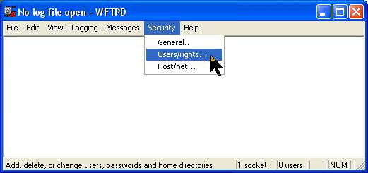Wind River Workbench User s Guide, 3.0 (VxWorks Version) Figure 3-2 WFTPD Security Menu 2. WFTPD displays the User / Rights Security Dialog box shown in Figure 3-3.