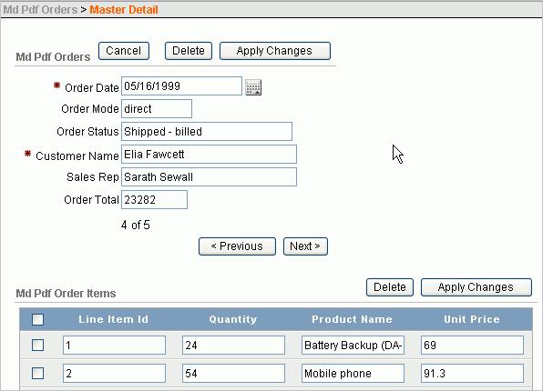 Creating the Report Query Figure 13 2 Master Details Page Creating the Report Query The form you created displays order items for five orders.