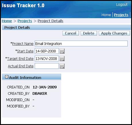 Building a Basic User Interface Figure 15 12 Project Details for Email Integration Project Note: In Figure 15 12, "Project Details for Email Integration Project", the Audit region is shown because