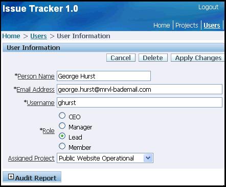 Building a Basic User Interface Figure 15 13 Users Page Figure 15 14 User Information Page for George Hurst Users Page (4 - Users) This page is a report of all users with access to the application.