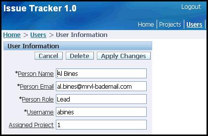 Building a Basic User Interface Figure 15 16 User Information Page Modify Appearance of the Users Page Next, you alter the Users Information by following these steps. 1. Go to the Page Definition for page 4, Users: a.