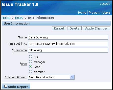 Building a Basic User Interface Figure 15 20 Users Page 4. Click the Edit icon to the left of Carla Downing. You will see the User page displayed similar to the one in Figure 15 21.