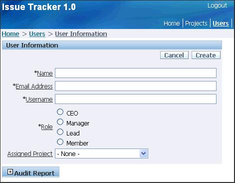 Building a Basic User Interface 7. Click the Add User> button. As shown in Figure 15 22, "Add User Page", an empty User Information form is displayed. Figure 15 22 Add User Page 8.