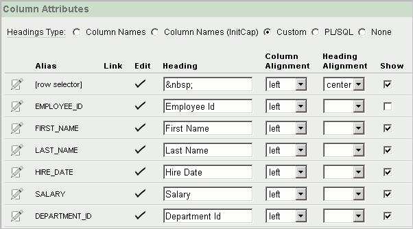 Changing an Updatable Column to a Select List Figure 2 5 Column Attributes on the Report Attributes Page 2.