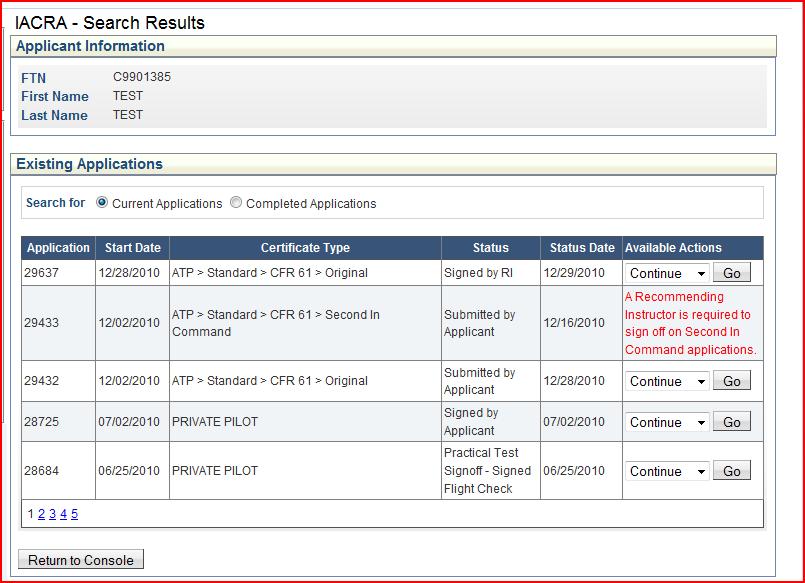 Select the application to process Select Go from the Available Actions Column