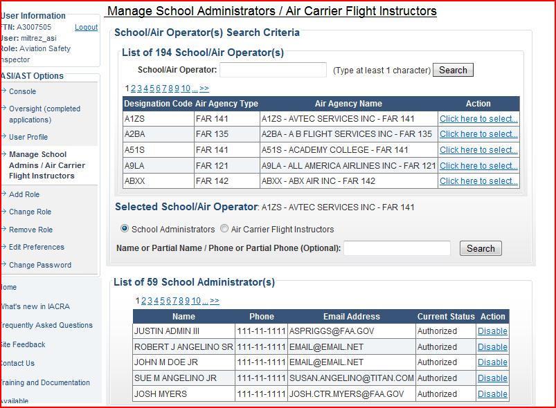 The Selected School / Air Operator is listed with a designation of School Administrator or Air Carrier Flight Instructors. The list for all Admins or Flight Instructors is displayed.