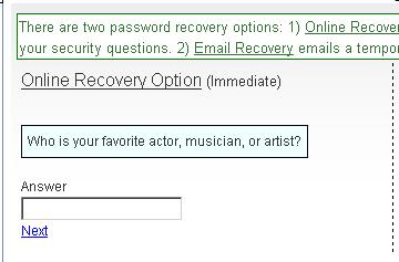 After entering correct answers to the security questions, the user is prompted to enter and confirm a new password as seen below.