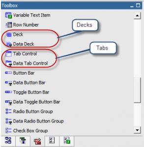 Report Objects / Controls` A Deck / Tab Control provides the report author the ability to manually create a desired number of cards.