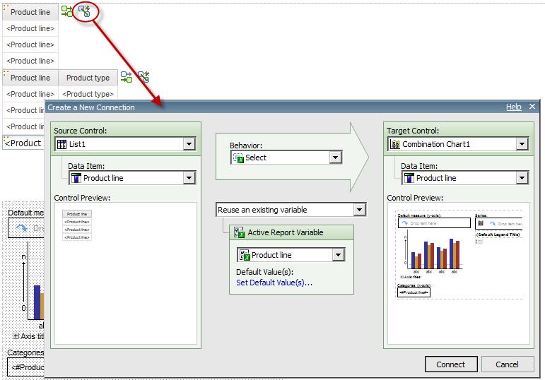 Active Reports Active Report Objects Connecting variables and Active Report Objects Cognos adds a Create a New Connection button to Active Report objects.
