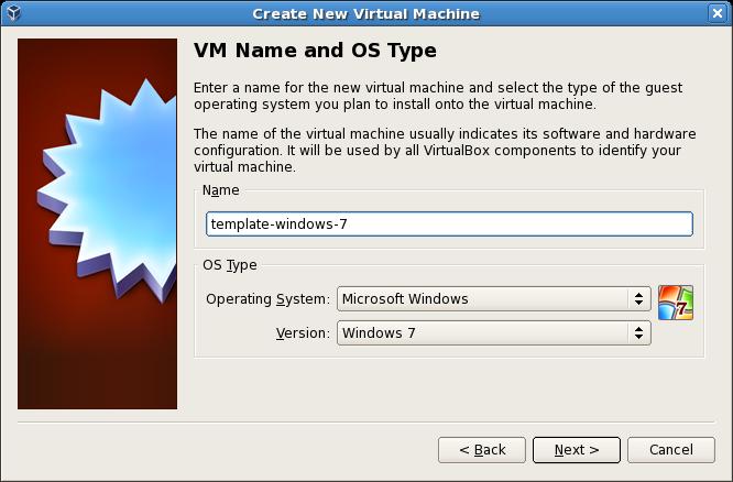 Creating a New Virtual Machine in VirtualBox Figure 6.6. VM Name and OS Type Step On the Memory step, you can simply accept the default.