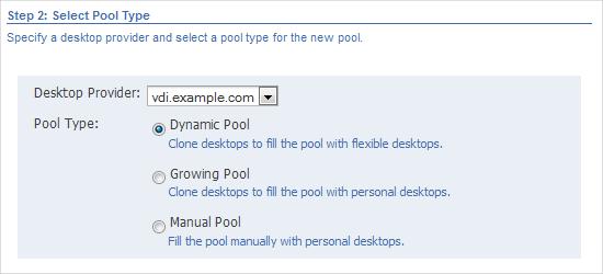 After creating the pool, you import a virtual machine so that it can be used as a template for cloning and then you enable cloning so that the pool is filled with desktops.