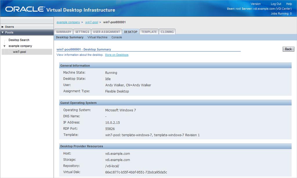 Figure 9.5. Desktop Summary Page Here you can see detailed information about the desktop and the virtual machine. You can also change the configuration of the virtual machine and even connect to it.