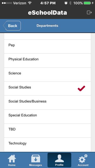 Tap a Department or Subject to select it as a filter, then tap a Course to select it. Selected courses are indicated by the red checkmark.