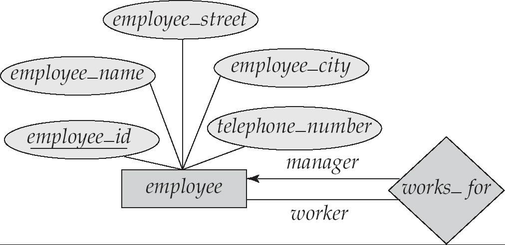 Roles Entity sets of a relationship need not be distinct The labels manager and worker are called roles; they specify how employee entities interact via the works_for relationship
