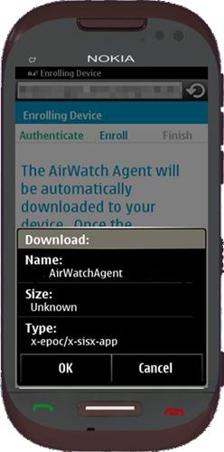 Chapter 2: Symbian Device Enrollment 3. Download and install the AirWatch Agent to complete the Enrollment process. After authenticating with your credentials, the Download screen displays.