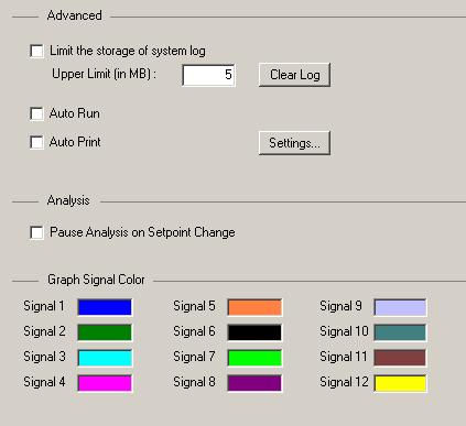 How to Set Run and Result Options You can select several options such as to pause the analysis on setpoint changes, the maximum log file size, or the graph colors.