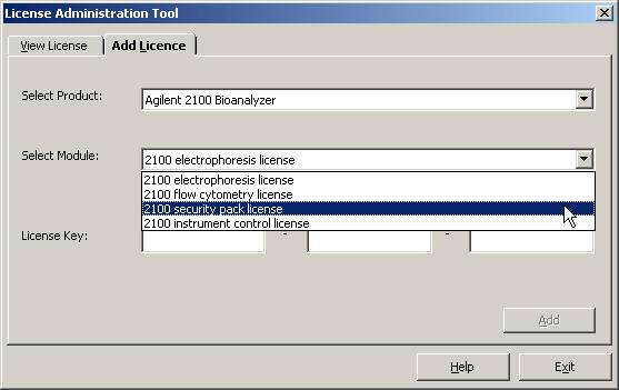 4 In the Select Module field, select the license for the software module that you want to activate. 5 Enter the correct License Key and click the Add button.