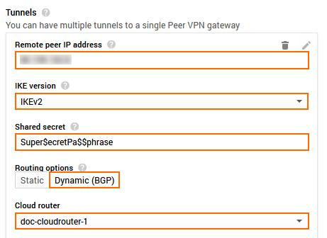 8. Configure a VPN tunnel in the Tunnels settings: Remote peer IP address Enter the public IP address of the on-premises firewall.