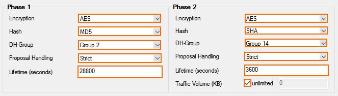 Configure the Phase 2 encryption settings: Encryption Select AES. Hash Meth. Select SHA. DH Group Select Group 1 Proposal Handling Select Strict.