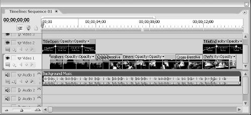 12 Part I Getting Started With Premiere Pro in the title text over background video. The Walkers video clip appears in the Video 1 track, as does the next clip (the Diners clip).