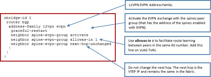 Network Virtualization with BGP EVPN Enable the "allowas-in 1" feature on vlag leafs to facilitate learning of the routes between the vlag peers.