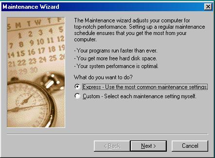 Older Operating Systems Class Notes # 21 Windows 9X Maintenance January 27, 2004 Maintenance Wizard The Windows maintenance wizard automates the following: ScanDisk Disk Defragmenter Clearing system