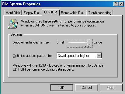 Figure 5: The CD-ROM dialog box The removable disk tab contains one option, which is Enable write behind caching on all removable disk drives.
