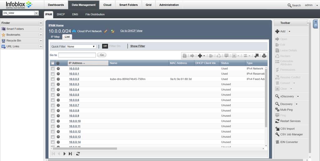 2. Login to the Infoblox Grid and navigate to Data Management > cni_view > IPAM > List.