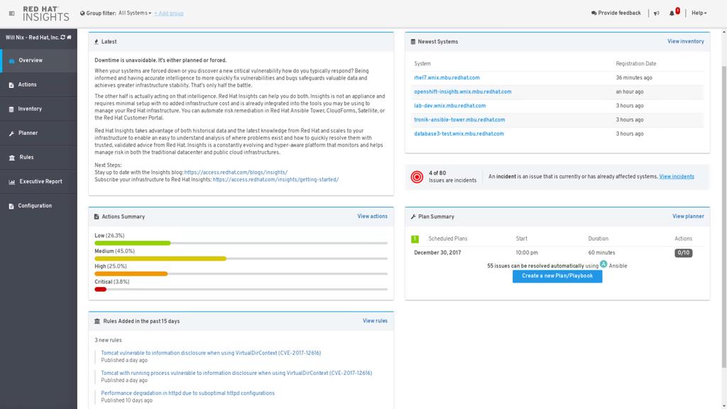 Insights Console Identifies Service Issues Issues discovered by Red Hat Insights are identified and displayed on the Web-based Insights console accessed through the Red Hat customer portal or with
