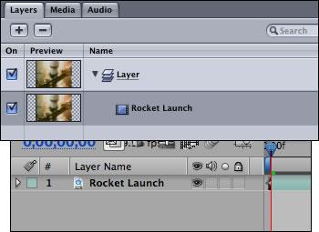 This structure of a layer named Layer containing a clip called Rocket Launch could easily be recreated in After Effects.