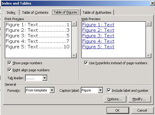 table of figures and table of tables, Word has a separate Table of Figures command which allows you to insert such a table.