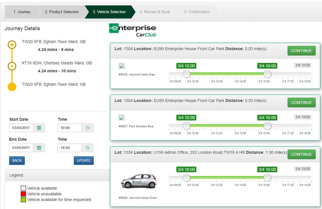 How do I use the Enterprise CarClub/pool car tool? Please enter your required journey details on the Home page and click Submit. You will be taken to the Product Selection page.