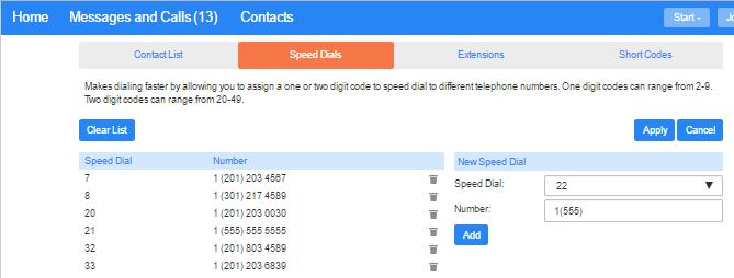 4.2 Speed Dials The Speed Dials section allows you to configure numeric speed dials: Figure 20: Contacts Speed Dials tab You use these speed dials by dialing the one or two digit speed dial number