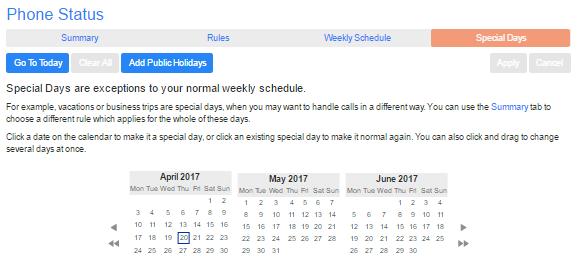 6.4 Special days (holidays) You can define special days such as holidays or days when you are away from the office and would like special call treatments.