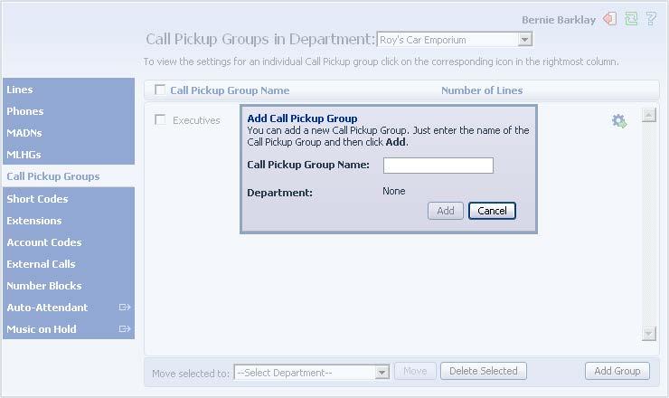 1. Select the Call Pickup Group using the checkbox to the left of the Call Pickup Group. 2.