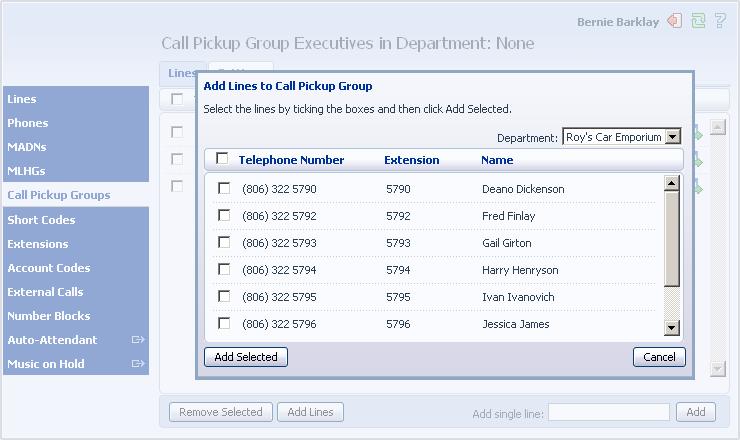 Figure 28: Add Lines to Call Pickup Group dialog box 6.5.2 Removing lines To remove a line from the Call Pickup Group, follow these steps: 1.