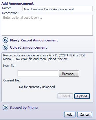 Figure 46: Uploading an Announcement To record the announcement using your telephone, do the following. 1.