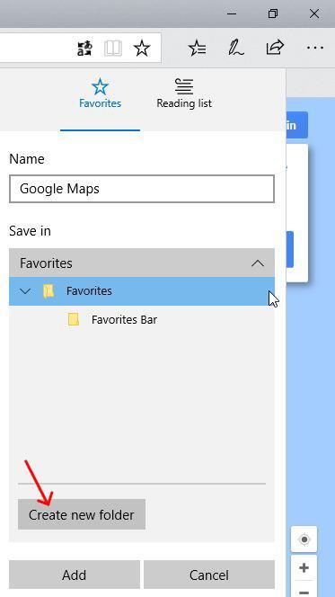 To add our Google Maps page to a new folder called Maps : Click on the Add favourites star, the open the Save in box If you want to add the new folder to the