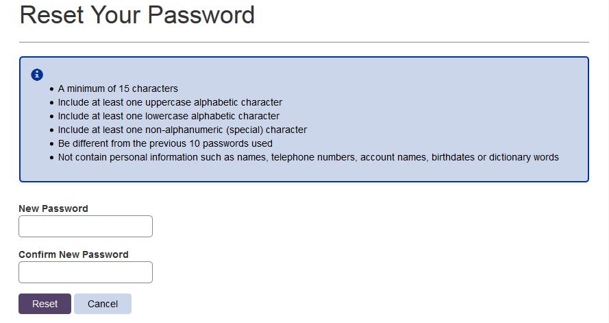 account. This screen will list the minimum password requirements to create a new passwords.