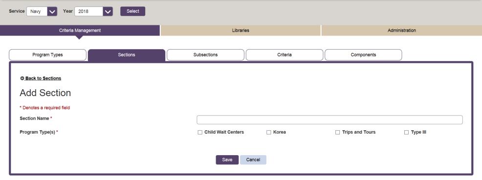 Figure 31: Adding Section (Part 2) On the Add Section screen, follow these steps 1. Enter the Section Name 2. Select the Program Type(s).