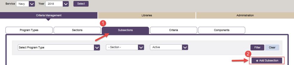 Adding Subsection Click on the Subsections tab. A new screen will appear with the previously added Subsections. Click on the Add Subsection button.