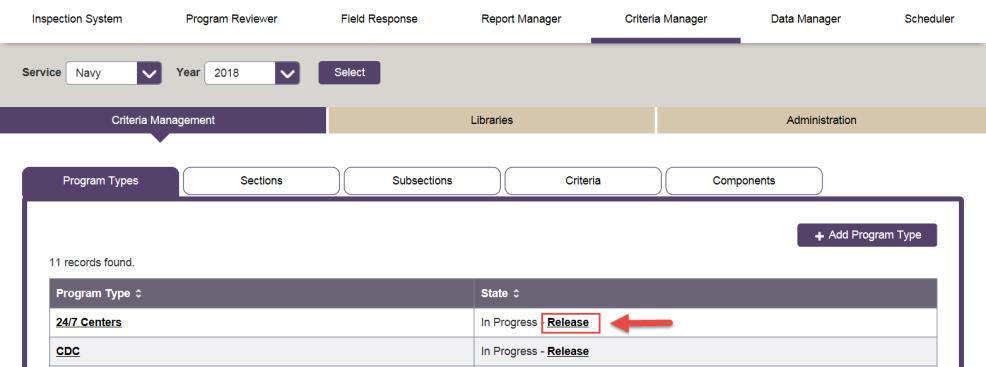 Step 1: Select the Release hyperlink for the Program Type of the Criteria to be released. Step 2: The Release Program Type screen will be displayed.