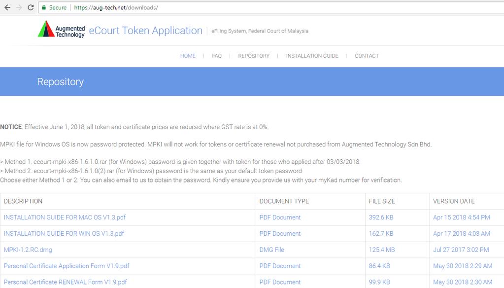Apply for Personal Certificate Token from Augmented Tech Sdn. Bhd. a) Go to https://aug-tech.