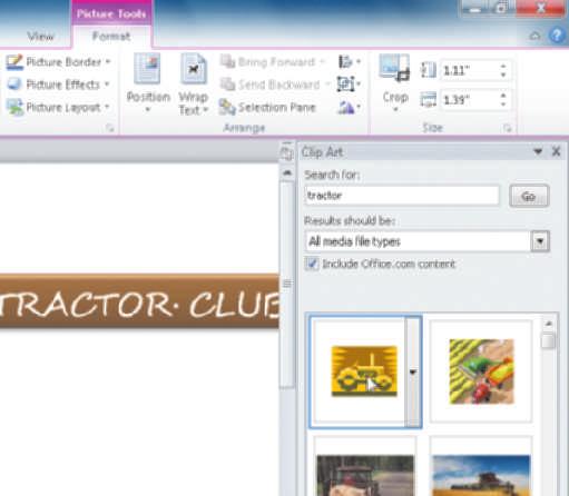 Picture Tools Format tab automatically appears because clip art is selected in document window Close button clip art inserted and selected clip art selected Figure 3 4 box arrow is displayed when you