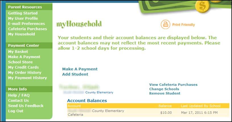 From this page you can deposit money into a Student Account, view purchase history and add or remove students.